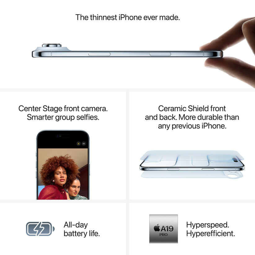 iPhone Air in Sky Blue, side view showing thin design, front camera, Ceramic Shield front and back, all-day battery, and A19 Pro chip