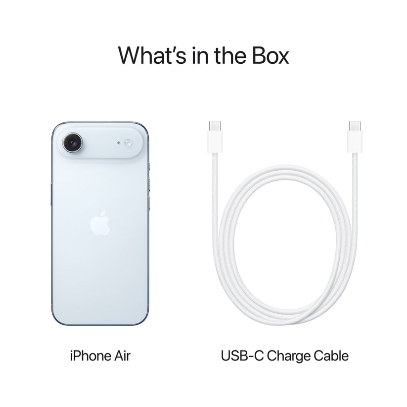 iPhone Air in Sky Blue with USB-C charge cable included in the box