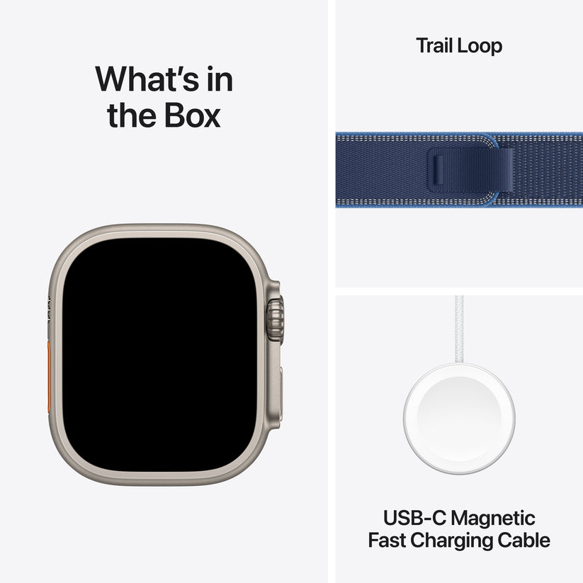Apple Watch Ultra 3 with Blue/Bright Blue Trail Loop and USB-C Magnetic Fast Charging Cable included in the box
