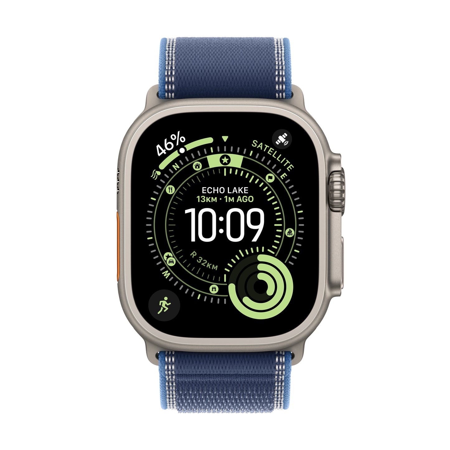 Apple Watch Ultra 3 49mm in Natural Titanium with Blue/Bright Blue Trail Loop front display view