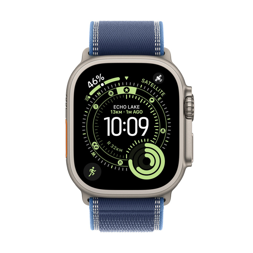 Apple Watch Ultra 3 49mm in Natural Titanium with Blue/Bright Blue Trail Loop front display view