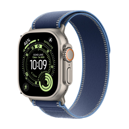 Apple Watch Ultra 3 GPS + Cellular 49mm Natural Titanium case with Blue/Bright Blue Trail Loop M/L front angled view