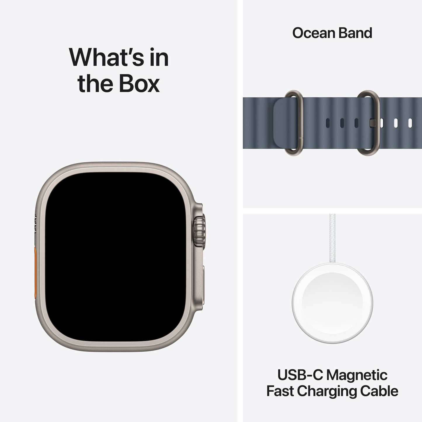 Apple Watch Ultra 3 with Anchor Blue Ocean Band and USB-C Magnetic Fast Charging Cable included in the box