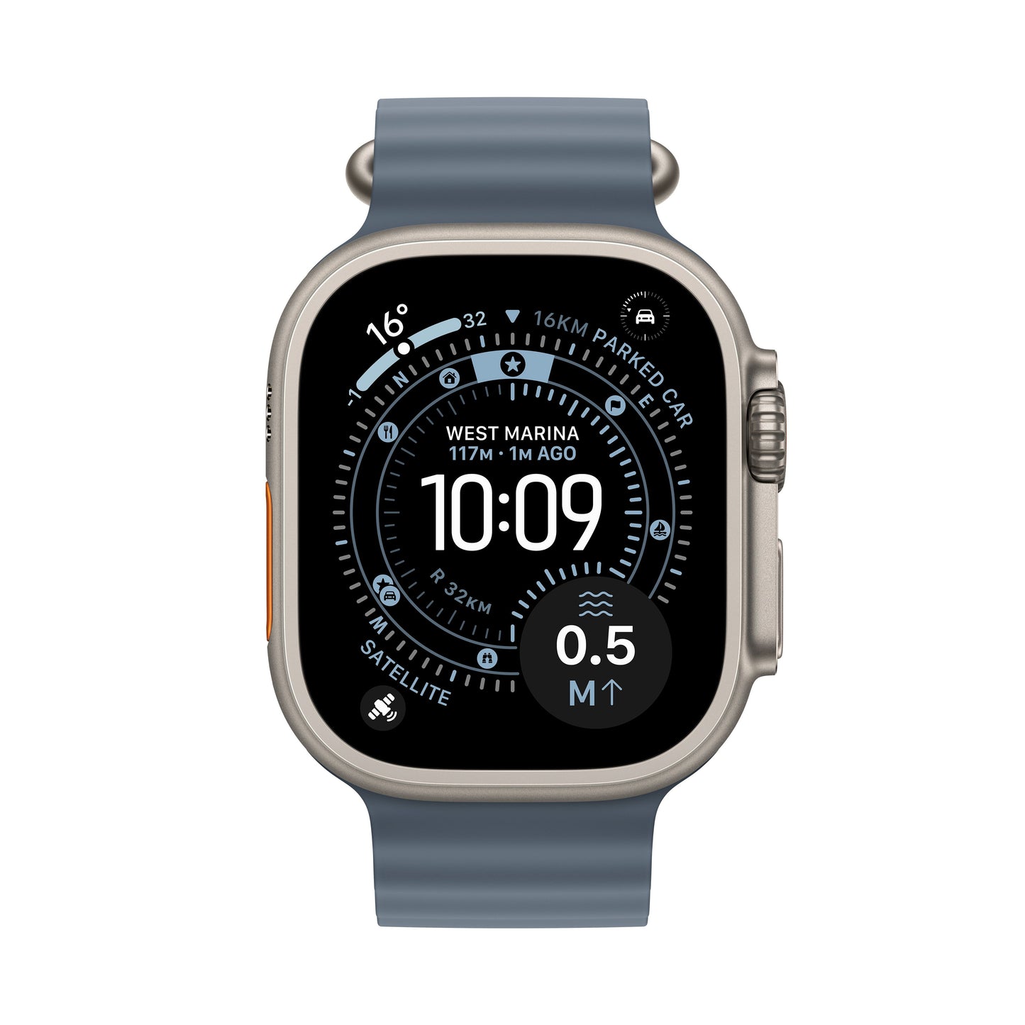 Apple Watch Ultra 3 49mm in Natural Titanium with Anchor Blue Ocean Band front display view