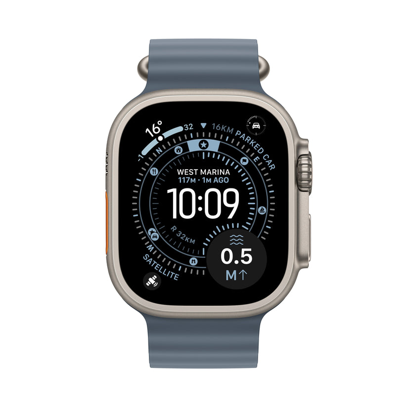 Apple Watch Ultra 3 49mm in Natural Titanium with Anchor Blue Ocean Band front display view