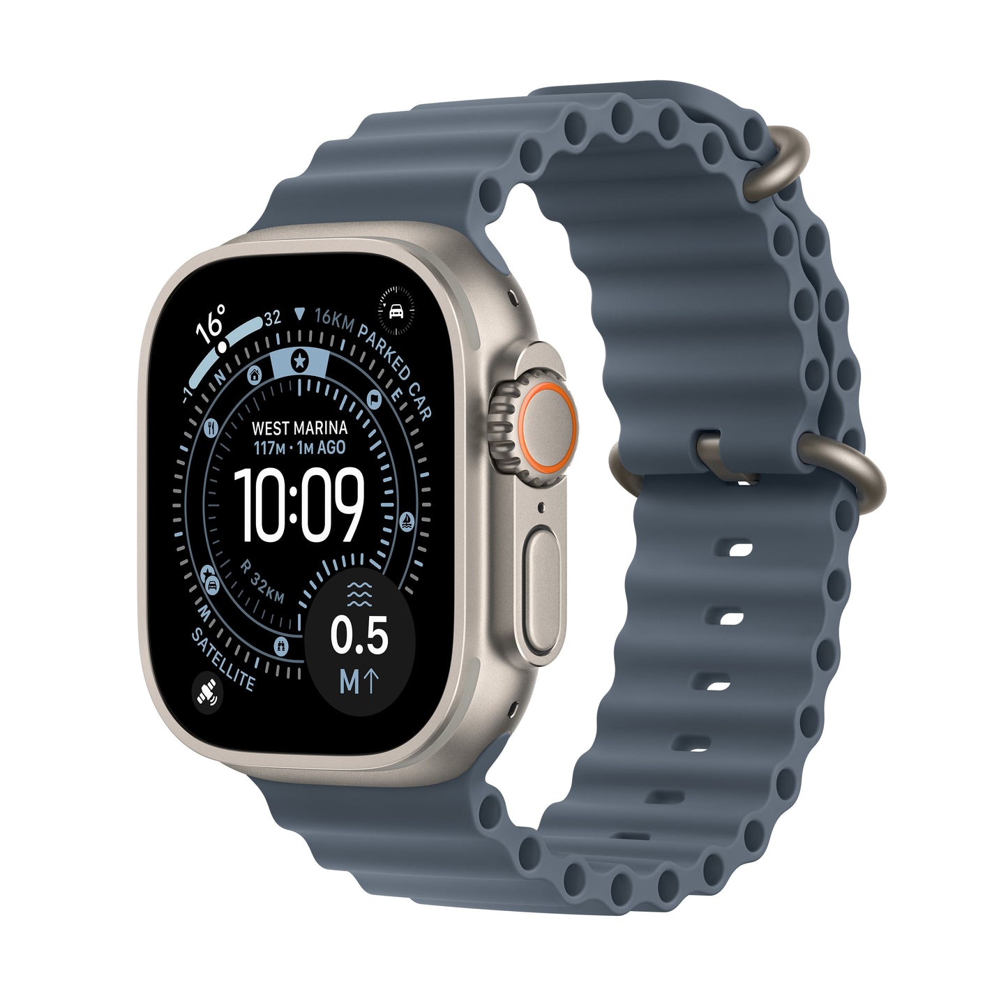 Apple Watch Ultra 3 GPS + Cellular 49mm Natural Titanium case with Anchor Blue Ocean Band M/L front angled view