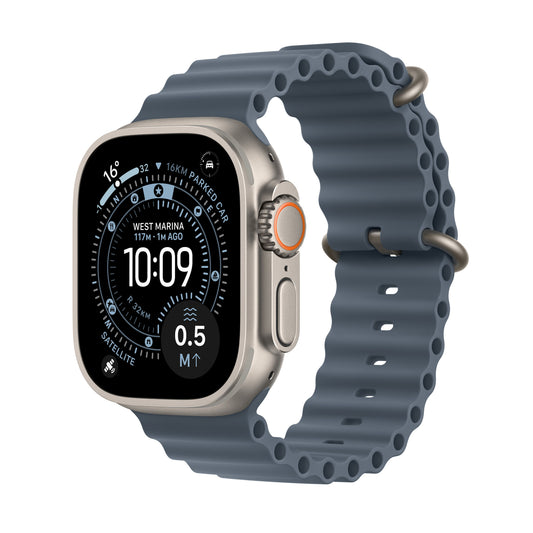Apple Watch Ultra 3 GPS + Cellular 49mm Natural Titanium case with Anchor Blue Ocean Band M/L front angled view