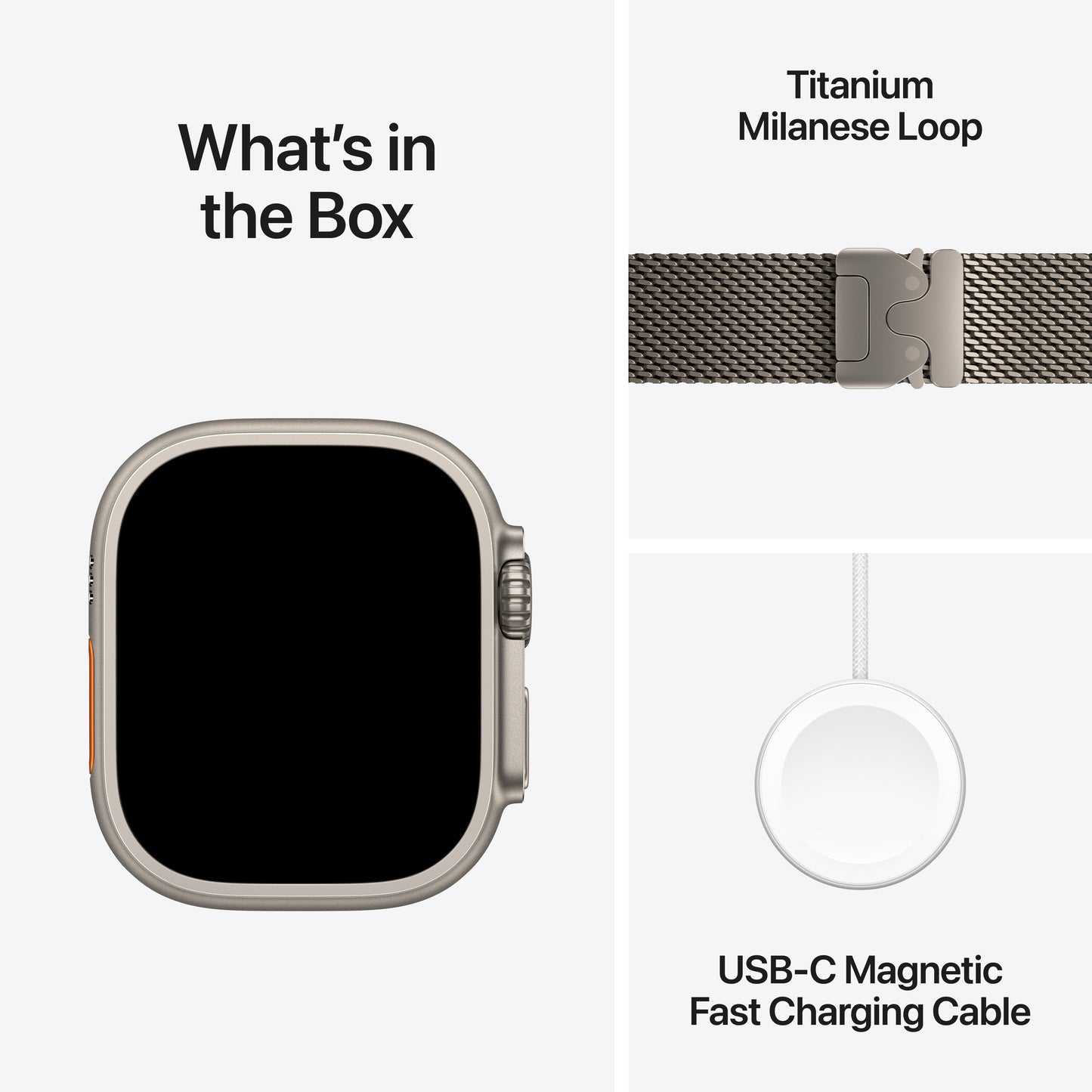 Apple Watch Ultra 3 with Natural Titanium Milanese Loop and USB-C Magnetic Fast Charging Cable included in the box