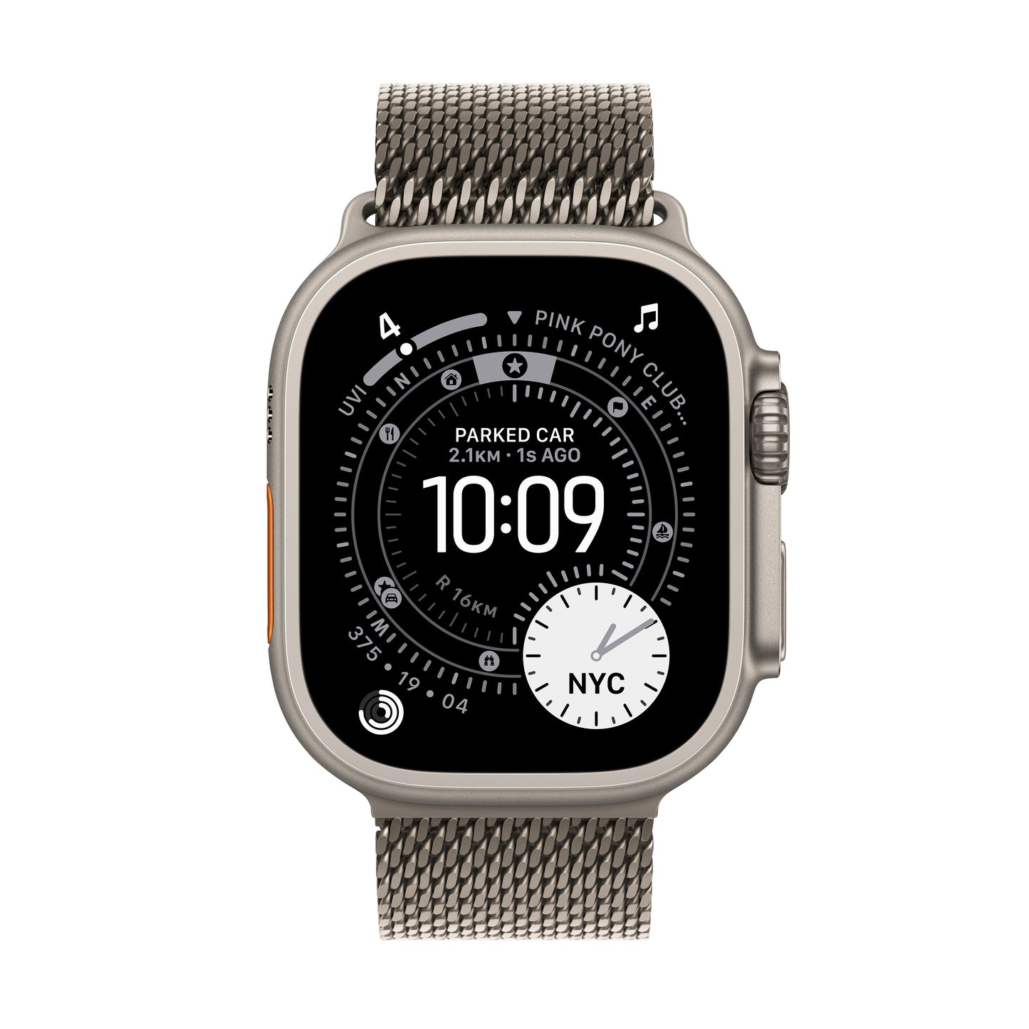 Apple Watch Ultra 3 49mm in Natural Titanium with Natural Titanium Milanese Loop front display view