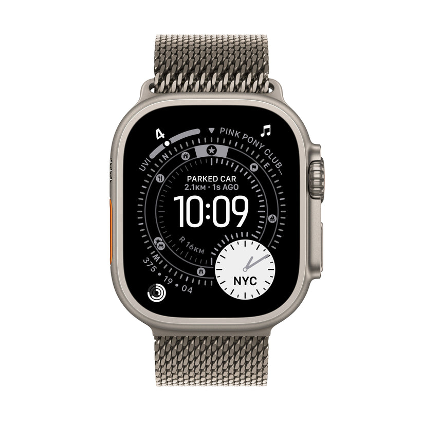 Apple Watch Ultra 3 49mm in Natural Titanium with Natural Titanium Milanese Loop front display view