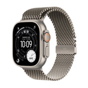 Apple Watch Ultra 3 GPS + Cellular 49mm Natural Titanium case with Natural Titanium Milanese Loop M front angled view