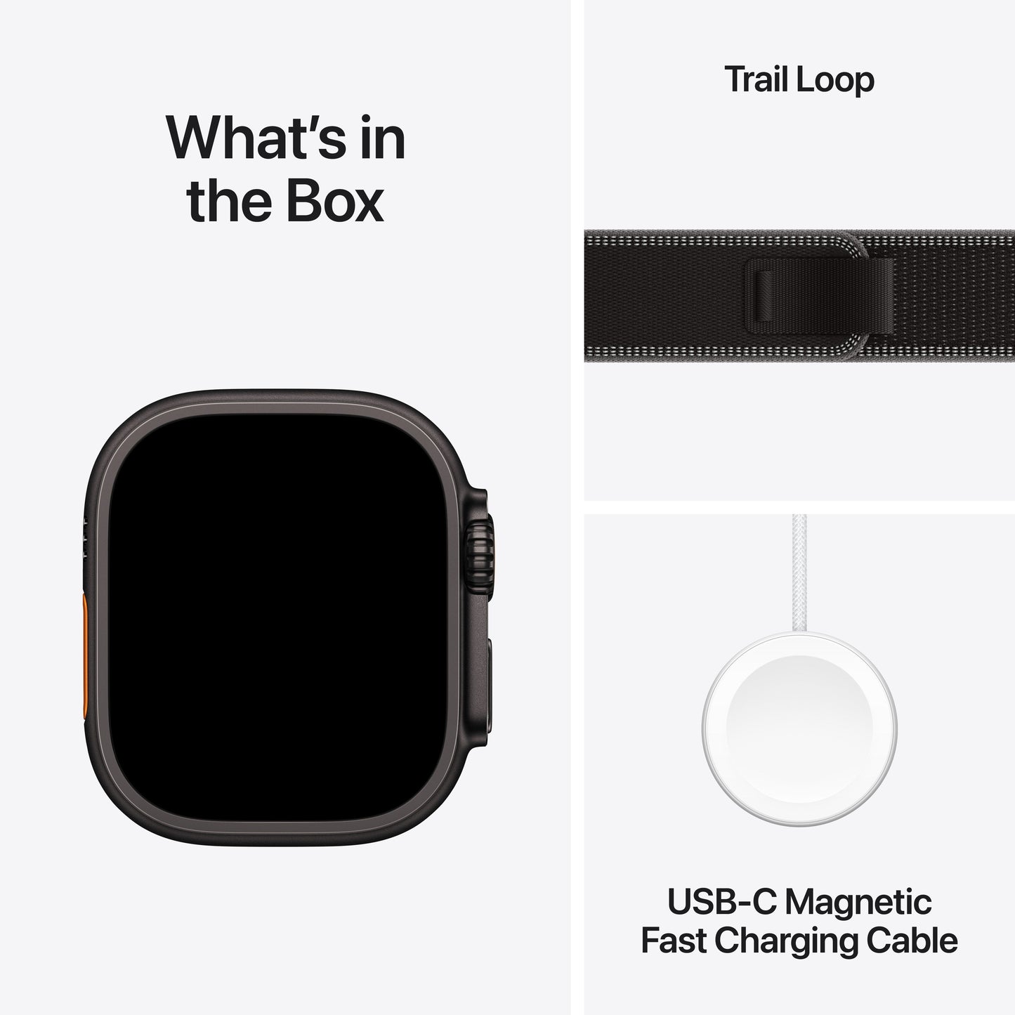 Apple Watch Ultra 3 with Black/Charcoal Trail Loop and USB-C Magnetic Fast Charging Cable included in the box