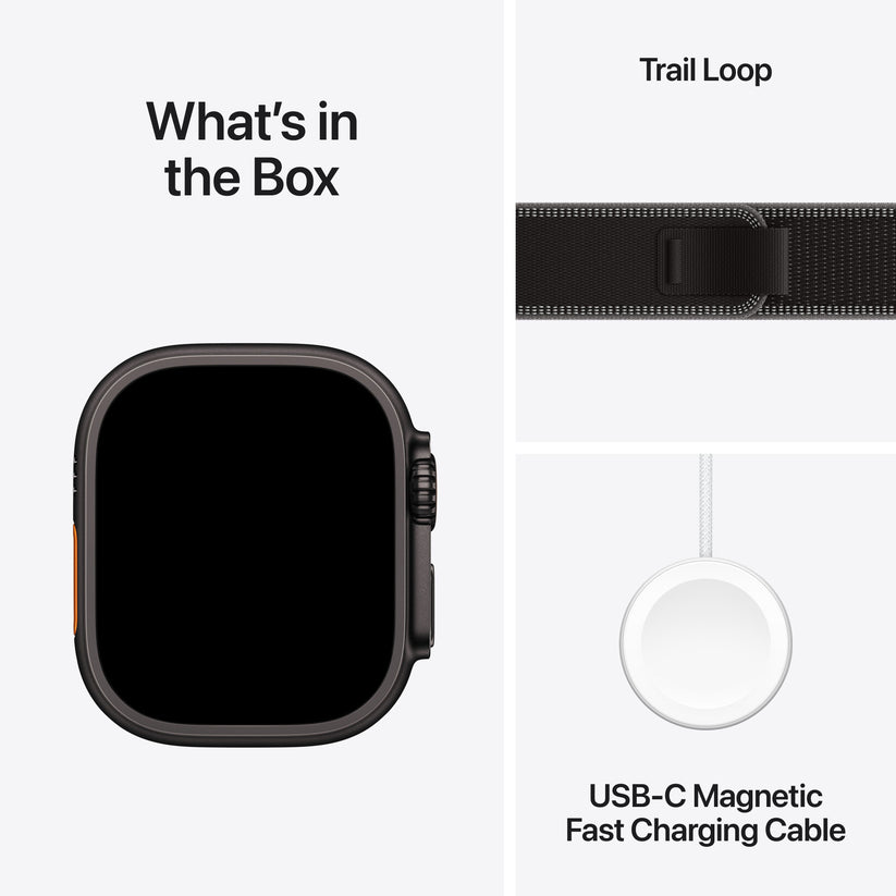 Apple Watch Ultra 3 with Black/Charcoal Trail Loop and USB-C Magnetic Fast Charging Cable included in the box