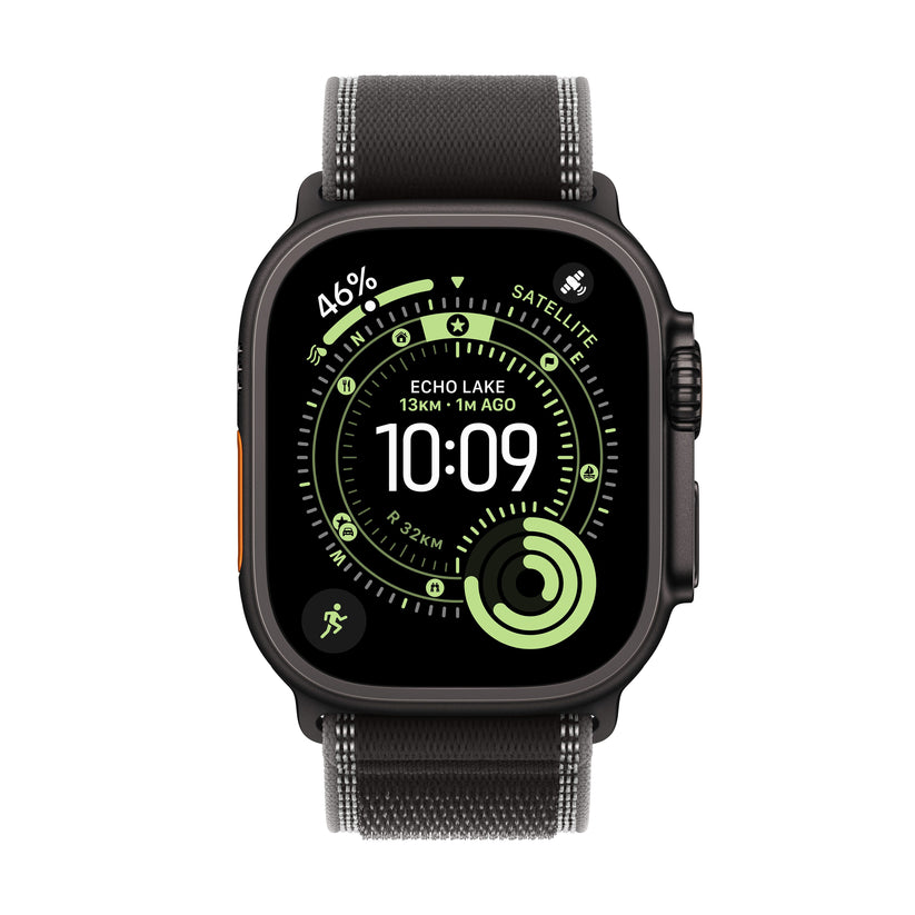 Apple Watch Ultra 3 49mm in Black Titanium with Black/Charcoal Trail Loop front display view