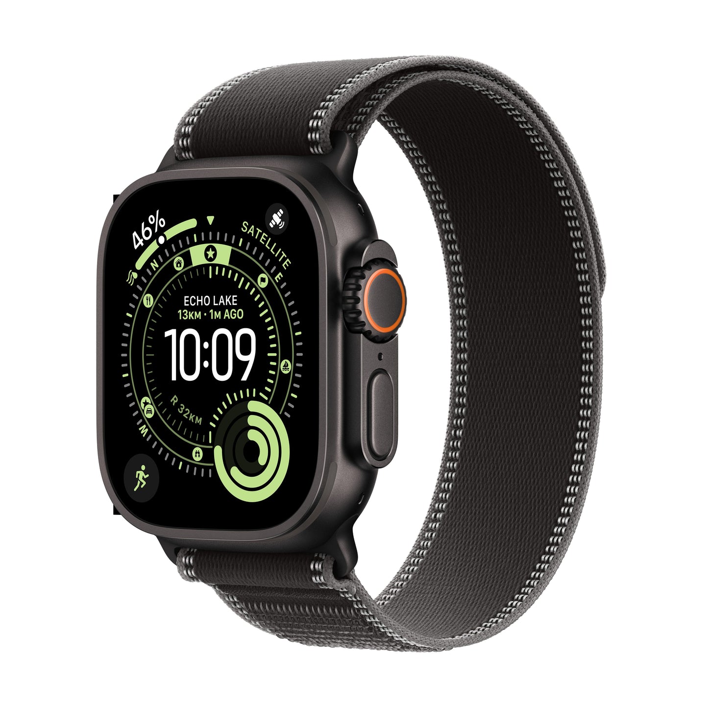 Apple Watch Ultra 3 GPS + Cellular 49mm Black Titanium case with Black/Charcoal Trail Loop M/L front angled view