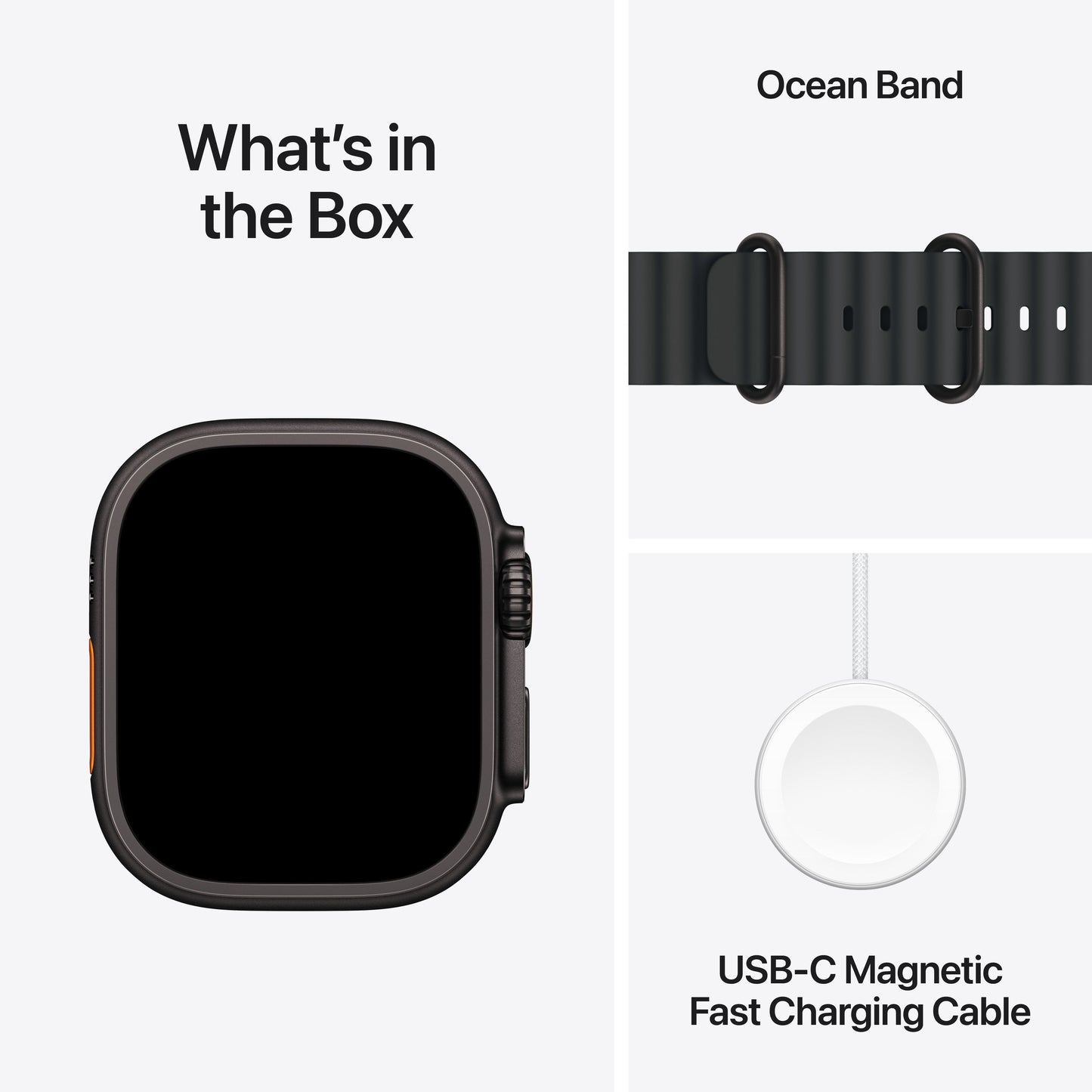 Apple Watch Ultra 3 with Black Ocean Band and USB-C Magnetic Fast Charging Cable included in the box