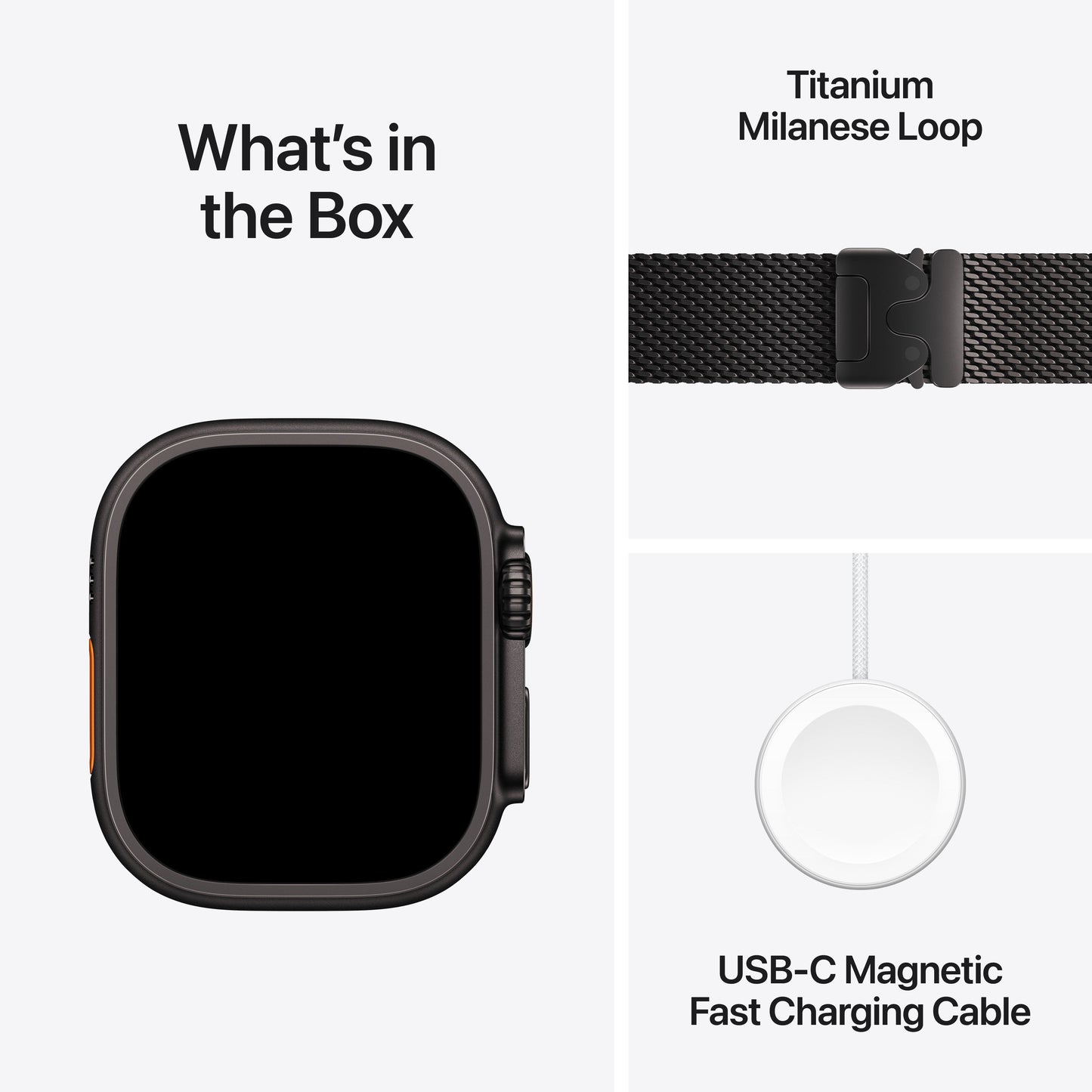 Apple Watch Ultra 3 with Black Titanium Milanese Loop and USB-C Magnetic Fast Charging Cable included in the box