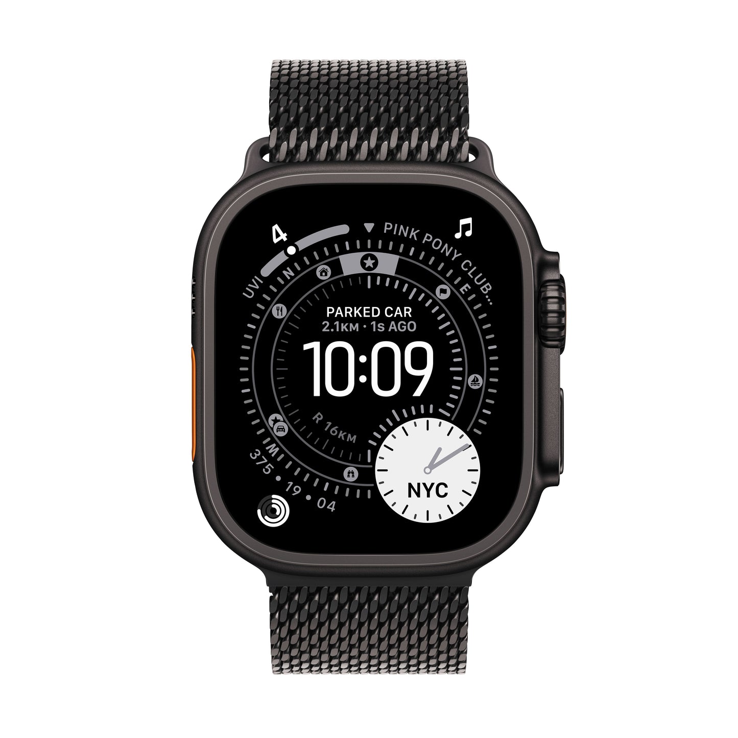 Apple Watch Ultra 3 49mm in Black Titanium with Black Titanium Milanese Loop front display view