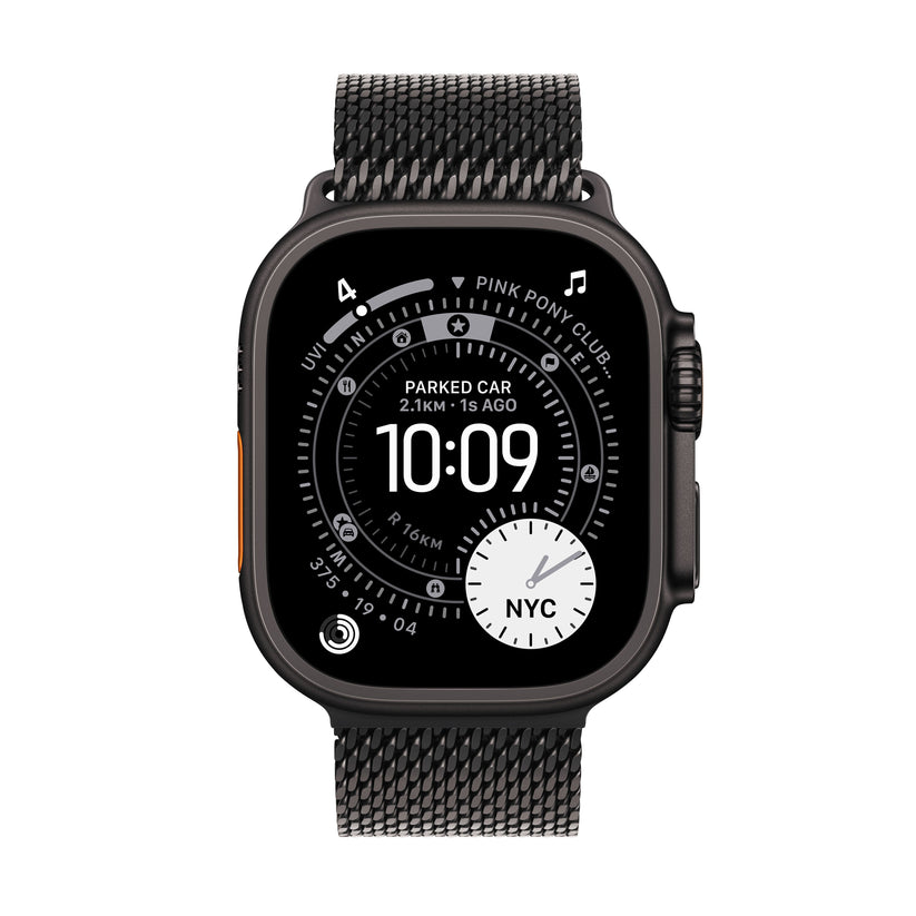 Apple Watch Ultra 3 49mm in Black Titanium with Black Titanium Milanese Loop front display view