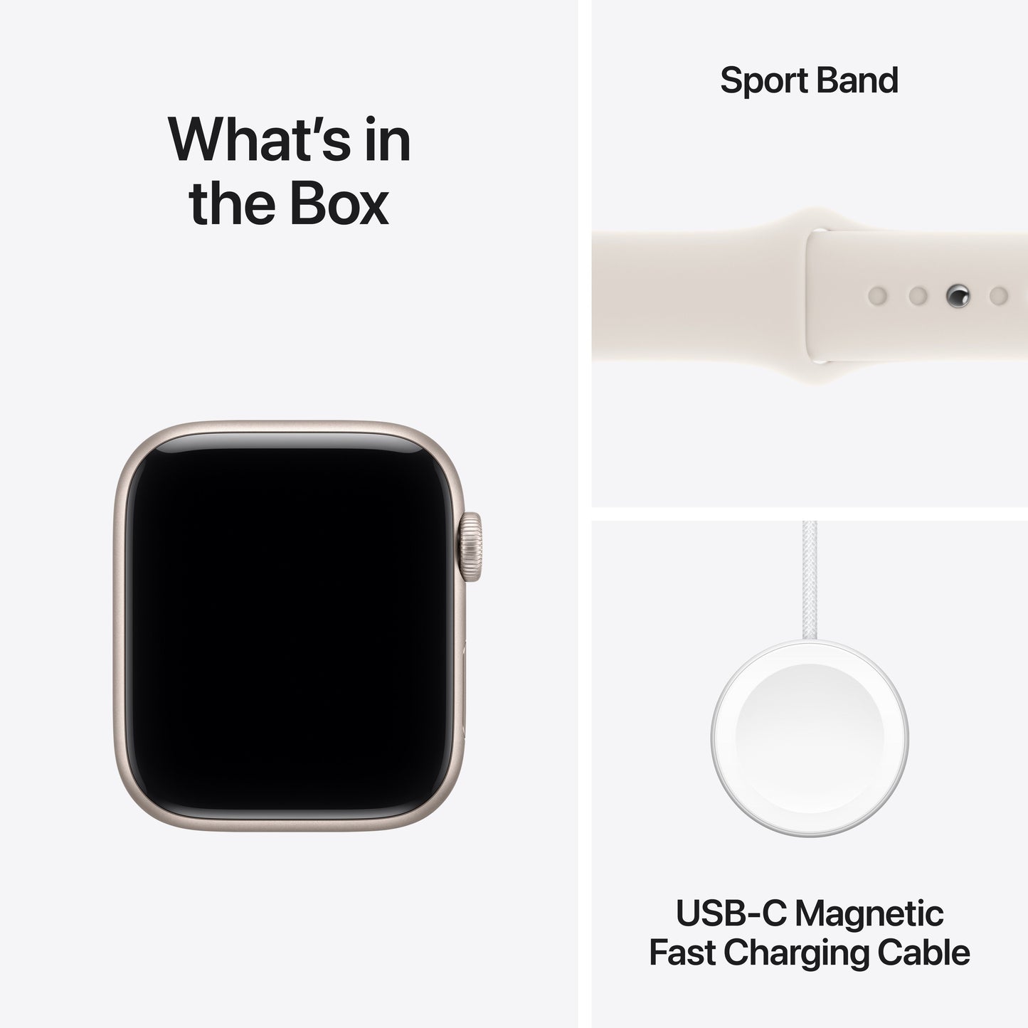 Apple Watch SE 3 with Starlight Sport Band and USB-C Magnetic Charging Cable included in the box