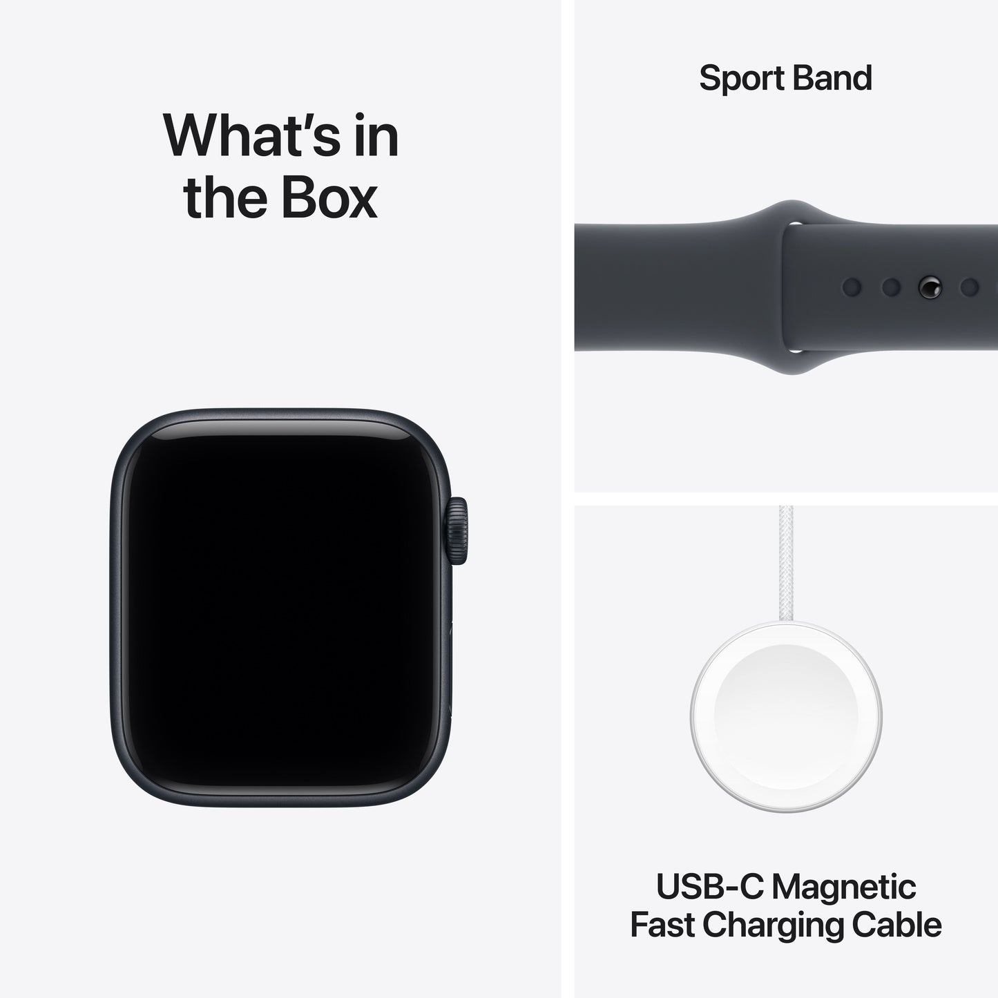 Apple Watch SE 3 with Midnight Sport Band and USB-C Magnetic Charging Cable included in the box