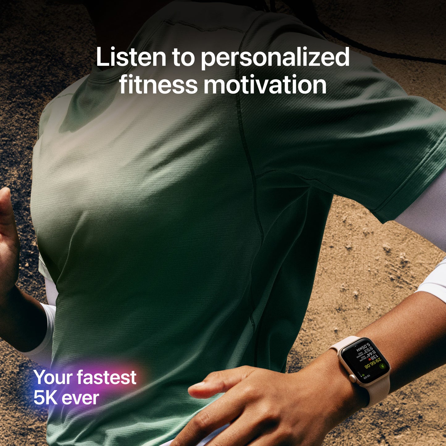 Person running indoors wearing Apple Watch SE 3, displaying workout tracking and personalized fitness motivation
