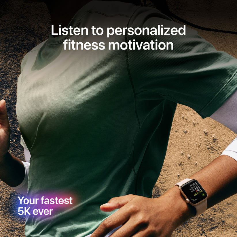 Person running indoors wearing Apple Watch SE 3, displaying workout tracking and personalized fitness motivation