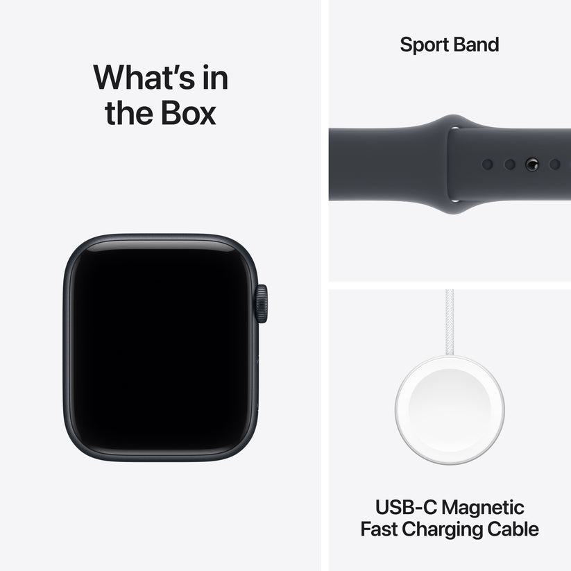 Apple Watch SE 3 with Midnight Sport Band and USB-C Magnetic Charging Cable included in the box