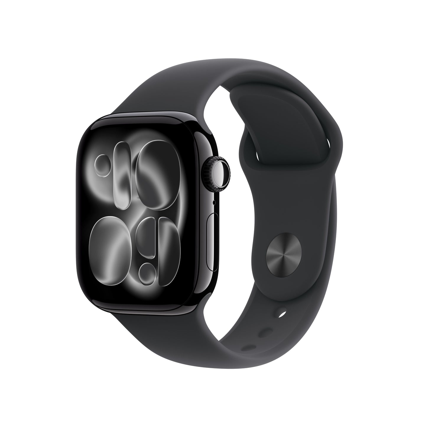 Apple Watch Series 11 GPS 42mm Jet Black Aluminium case with Black Sport Band S/M front angled view