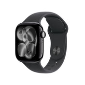 Apple Watch Series 11 GPS 42mm Jet Black Aluminium case with Black Sport Band S/M front angled view