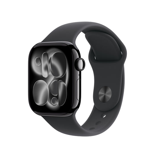 Apple Watch Series 11 GPS 42mm Jet Black Aluminium case with Black Sport Band S/M front angled view