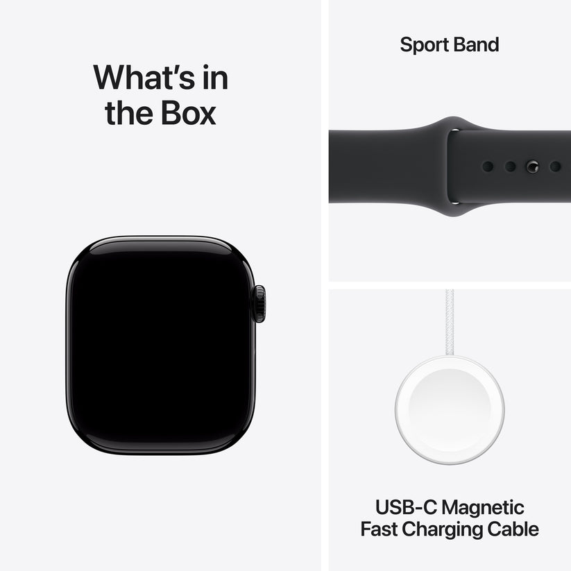 Apple Watch Series 11 with Black Sport Band and USB-C Magnetic Fast Charging Cable included in the box