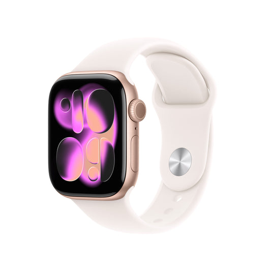 Apple Watch Series 11 GPS 42mm Rose Gold Aluminium case with Light Blush Sport Band S/M front angled view