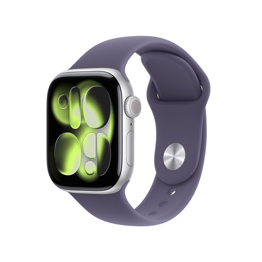 Apple Watch Series 11 GPS 42mm Silver Aluminium case with Purple Fog Sport Band S/M front angled view