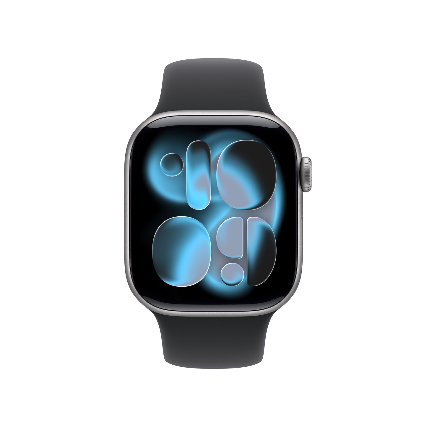 Apple Watch Series 11 42mm in Space Grey Aluminium with Black Sport Band front display view
