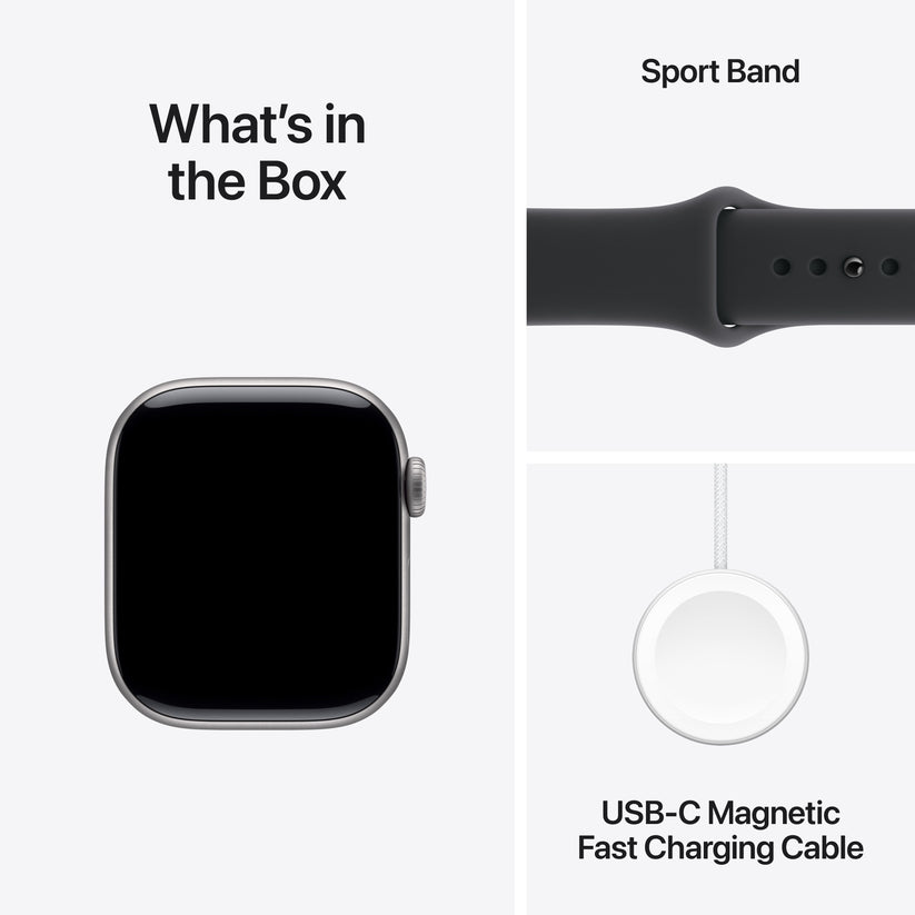 Apple Watch Series 11 with Black Sport Band and USB-C Magnetic Fast Charging Cable included in the box