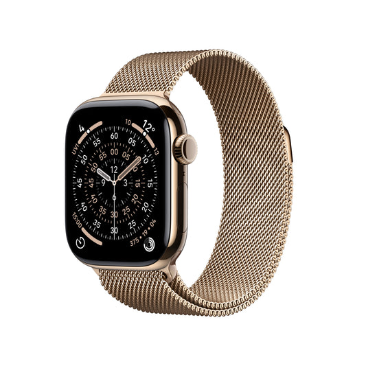 Apple Watch Series 11 GPS + Cellular 42mm Gold Titanium case with Gold Milanese Loop front angled view