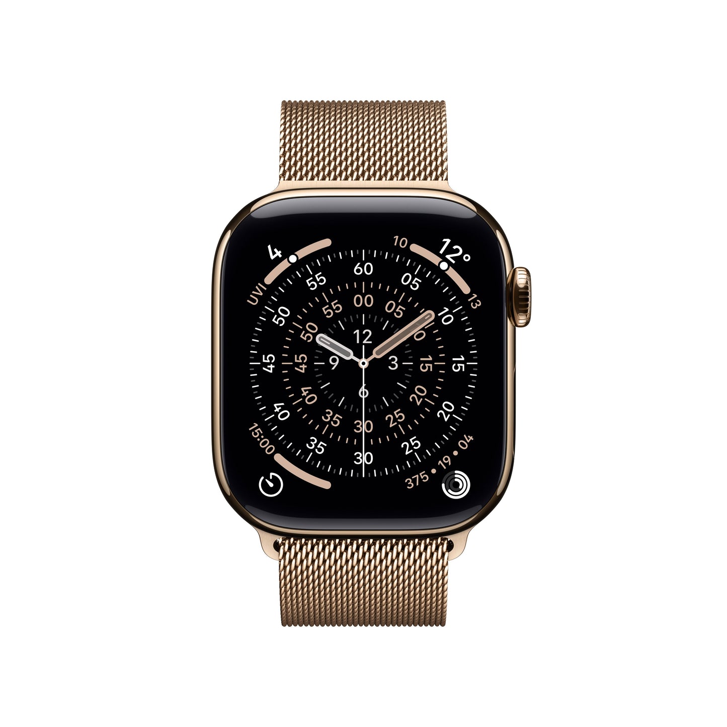 Apple Watch Series 11 42mm in Gold Titanium with Gold Milanese Loop front display view