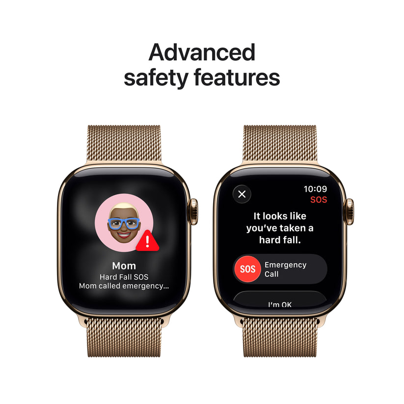 Apple Watch Series 11 showcasing advanced safety features including Fall Detection and Emergency SOS
