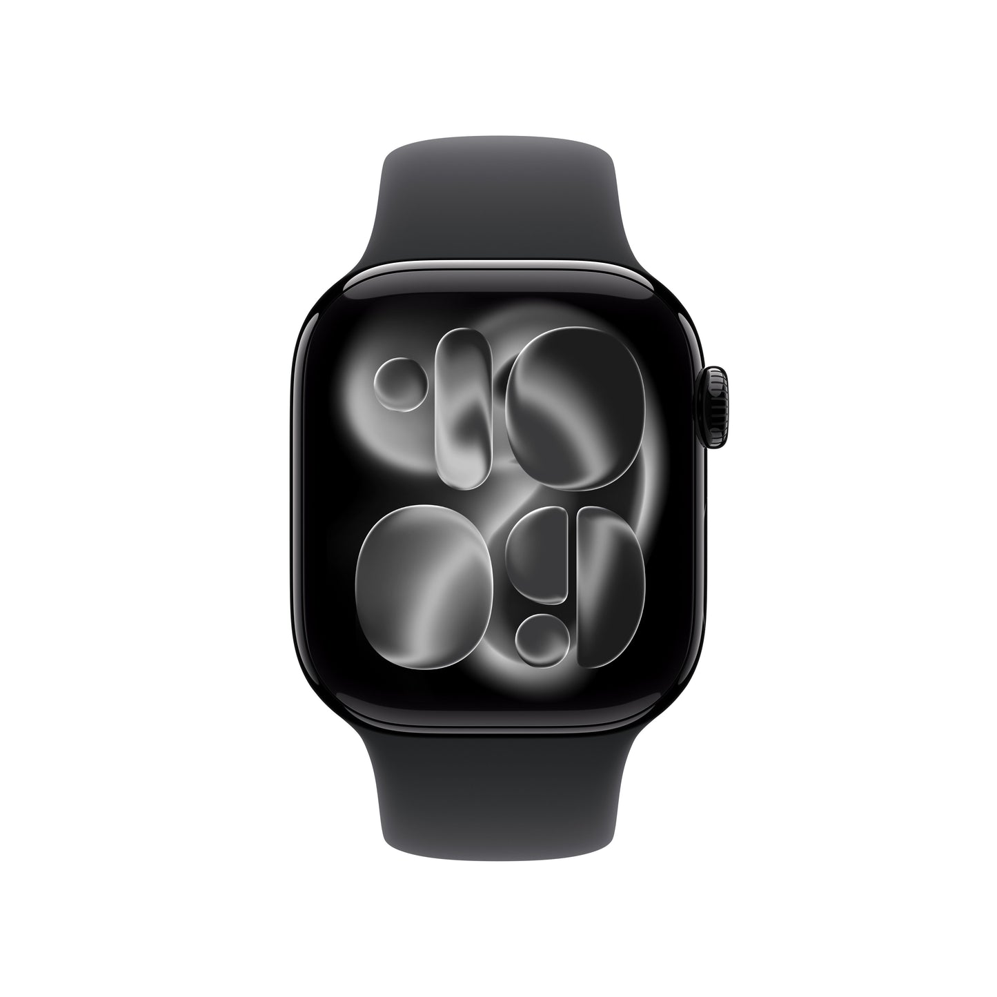 Apple Watch Series 11 42mm in Jet Black Aluminium with Black Sport Band front display view