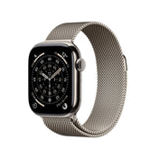 Apple Watch Series 11 GPS + Cellular 42mm Natural Titanium case with Natural Milanese Loop front angled view