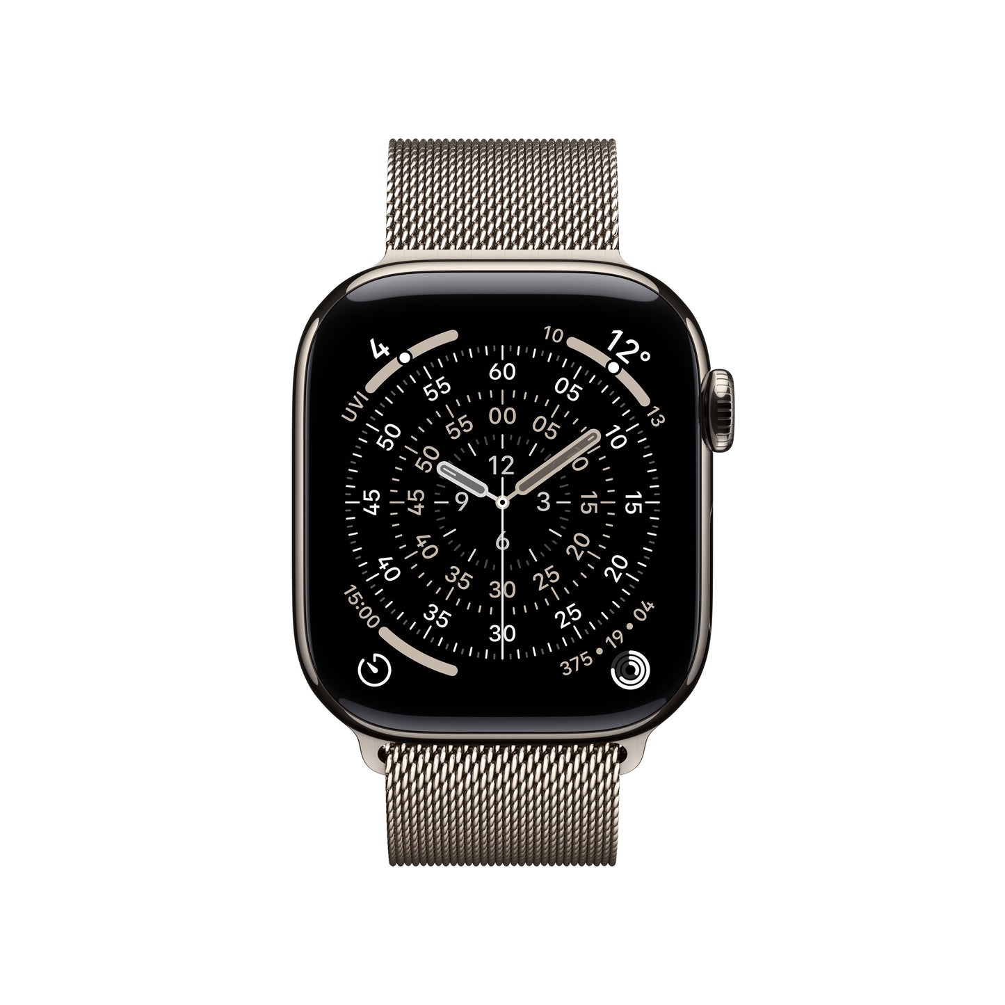 Apple Watch Series 11 42mm in Natural Titanium with Natural Milanese Loop front display view