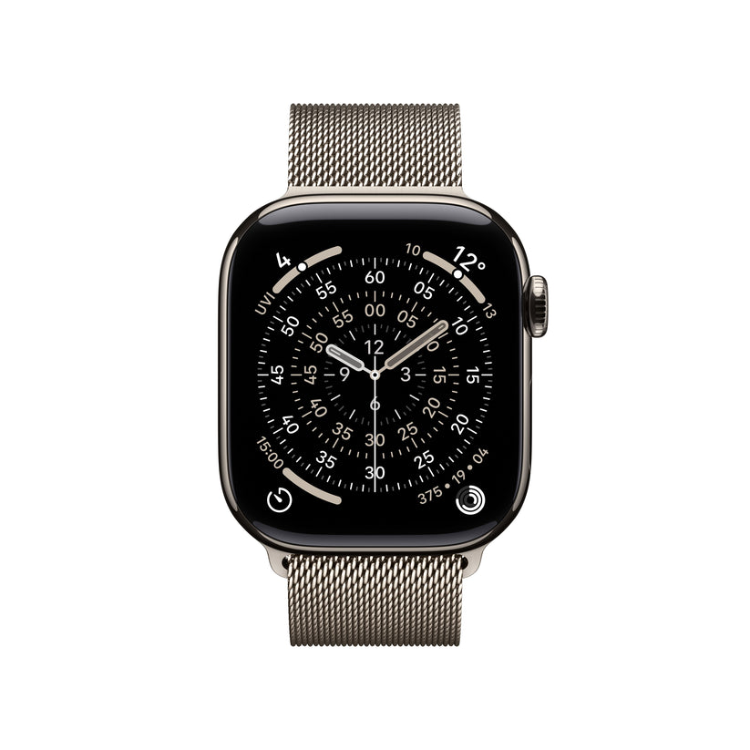 Apple Watch Series 11 42mm in Natural Titanium with Natural Milanese Loop front display view
