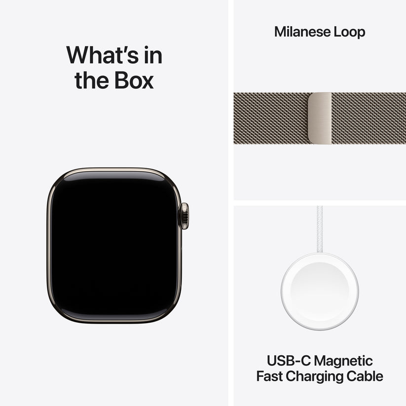 Apple Watch Series 11 with Natural Milanese Loop and USB-C Magnetic Fast Charging Cable included in the box
