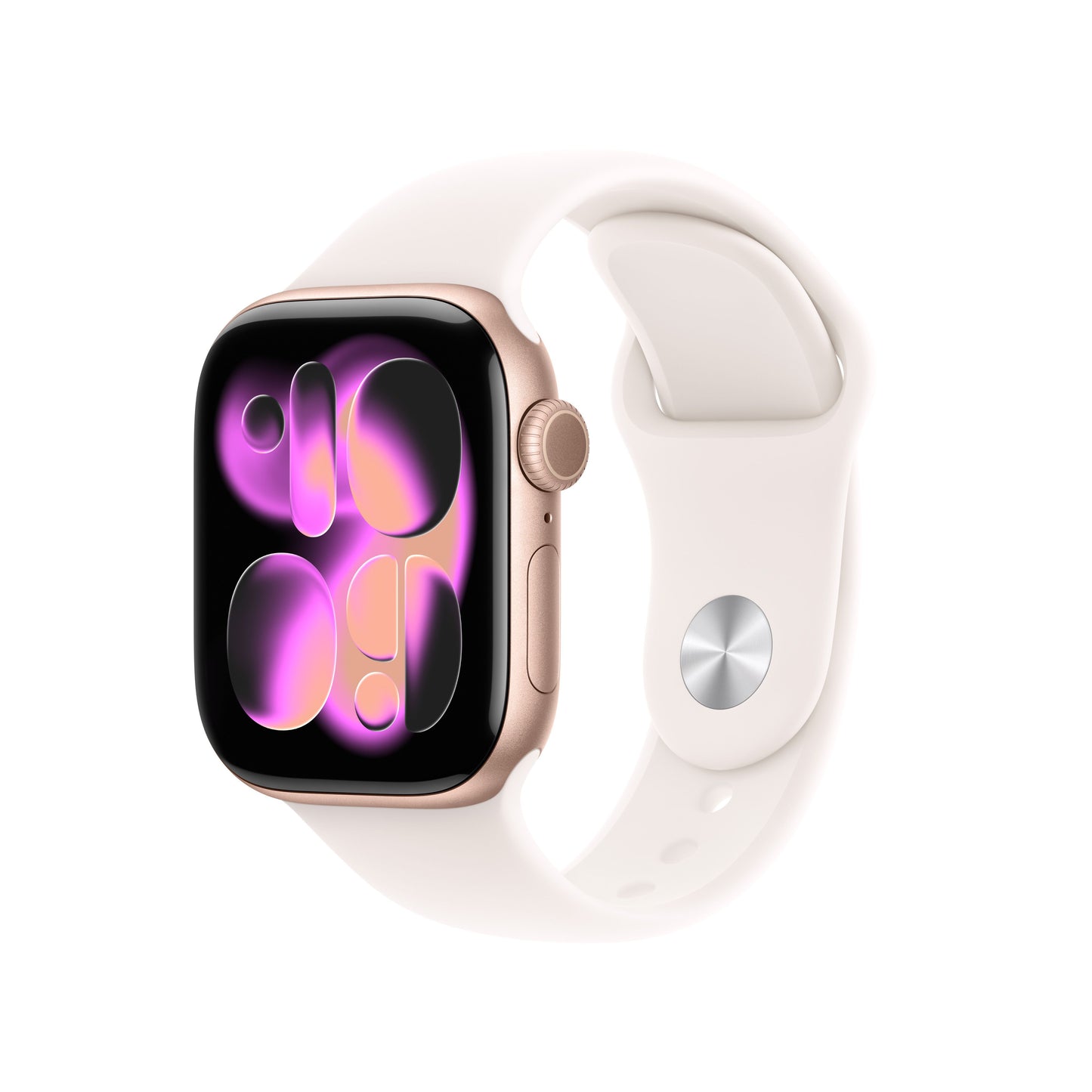 Apple Watch Series 11 GPS + Cellular 42mm Rose Gold Aluminium case with Light Blush Sport Band S/M front angled view