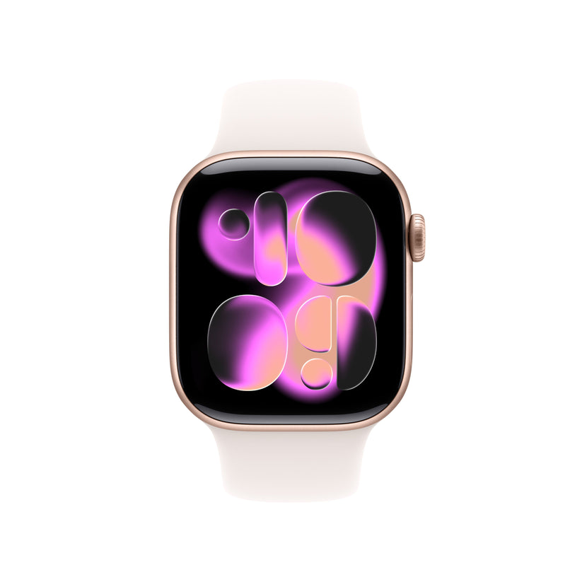 Apple Watch Series 11 42mm in Rose Gold Aluminium with Light Blush Sport Band front display view