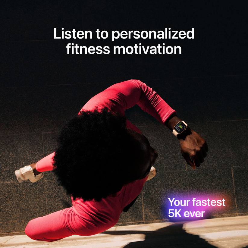 Person running indoors wearing Apple Watch Series 11, displaying workout tracking and personalized fitness motivation