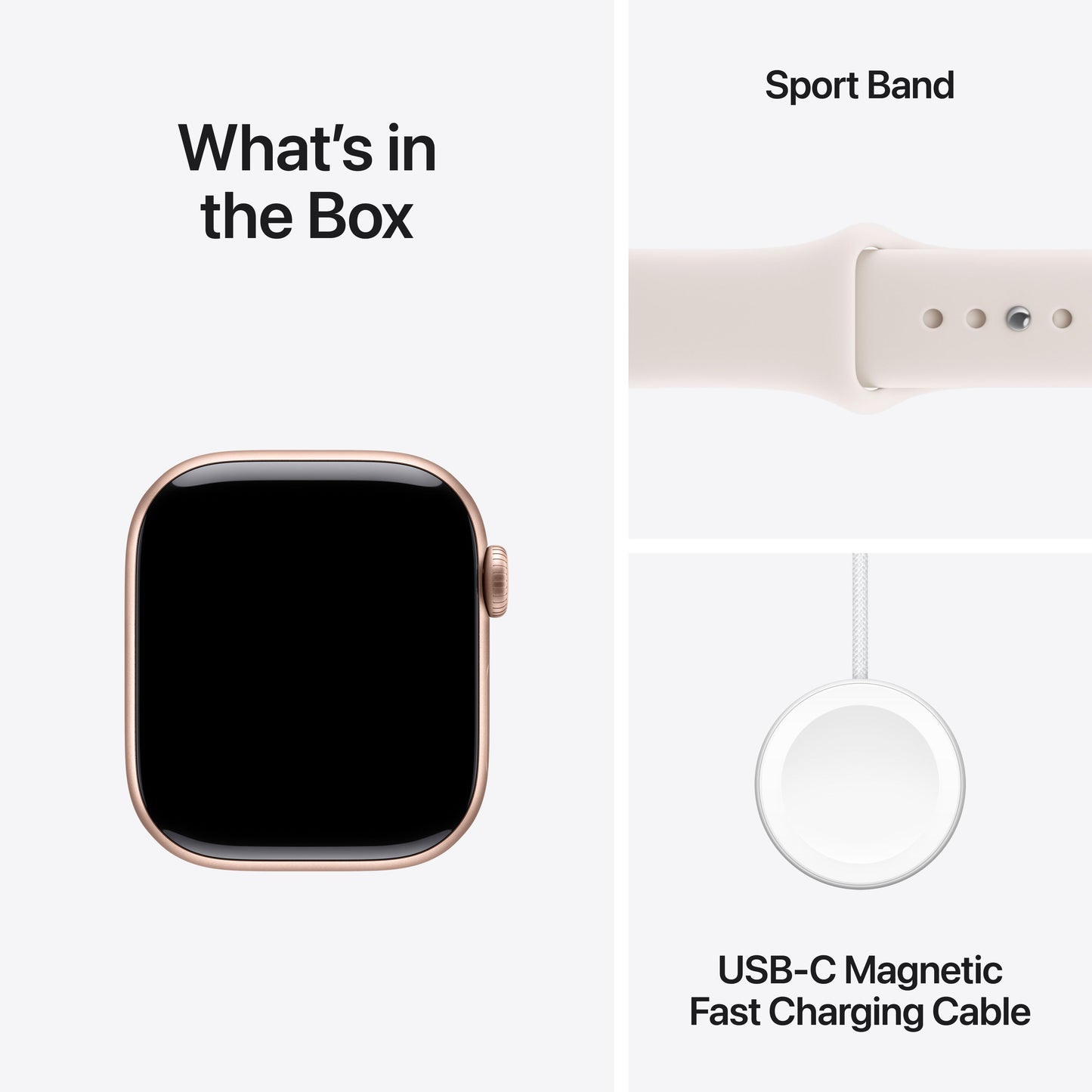 Apple Watch Series 11 with Light Blush Sport Band and USB-C Magnetic Fast Charging Cable included in the box