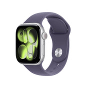 Apple Watch Series 11 GPS + Cellular 42mm Silver Aluminium case with Purple Fog Sport Band S/M front angled view