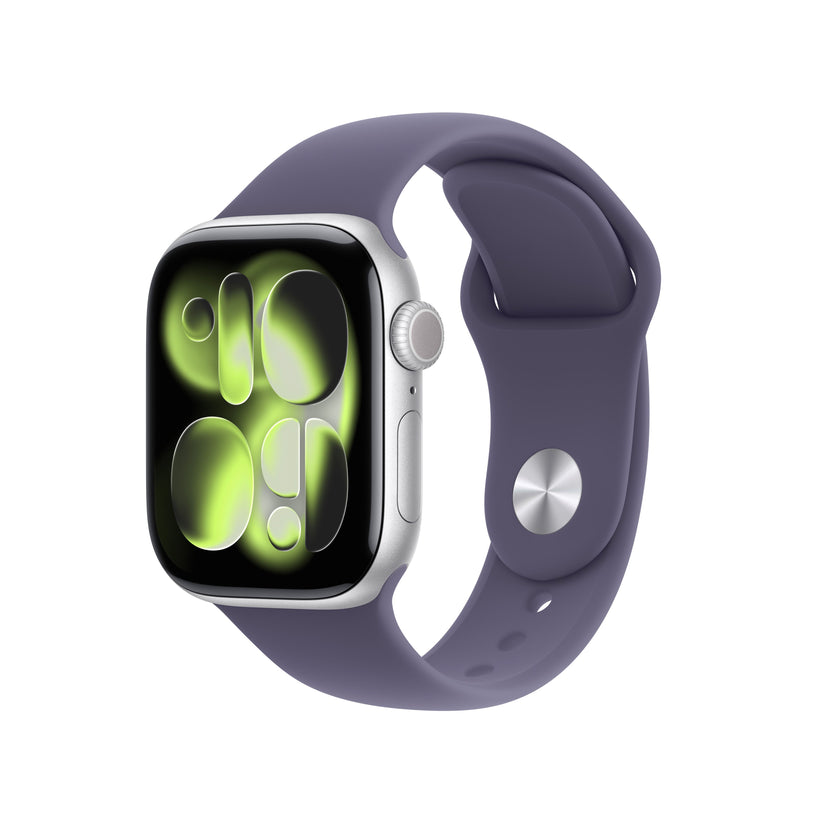 Apple Watch Series 11 GPS + Cellular 42mm Silver Aluminium case with Purple Fog Sport Band S/M front angled view